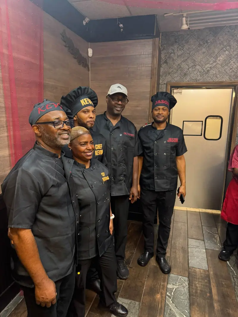The Soul Food on 68 kitchen team in black chef coats, including Chef Kevin, Chef Marsha, Chef Big Kevin, Chef Rodney, and Chef Jason