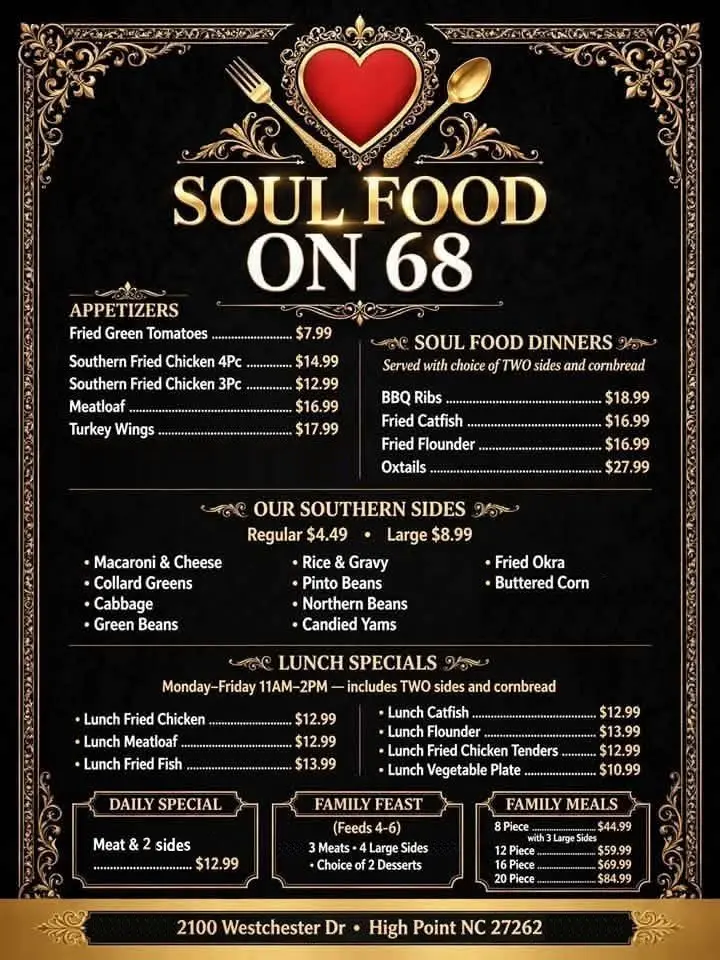 Soul Food on 68 menu listing appetizers, soul food dinners, Southern sides, lunch specials, a daily meat and two sides special, a family feast, and family meals with prices